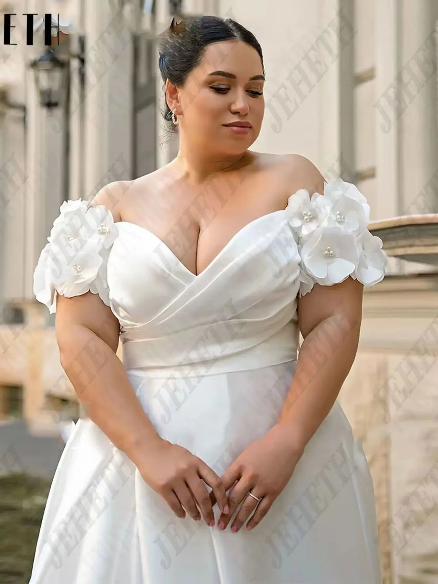 JEHETH-vestido De Novia Sexy De talla grande, satén, corte en A, con cordones, hombros descubiertos, cuello en V, vestido De Novia con abertura lateral personalizado Vestido de novia sexy jeheth tamaño extra satén chal