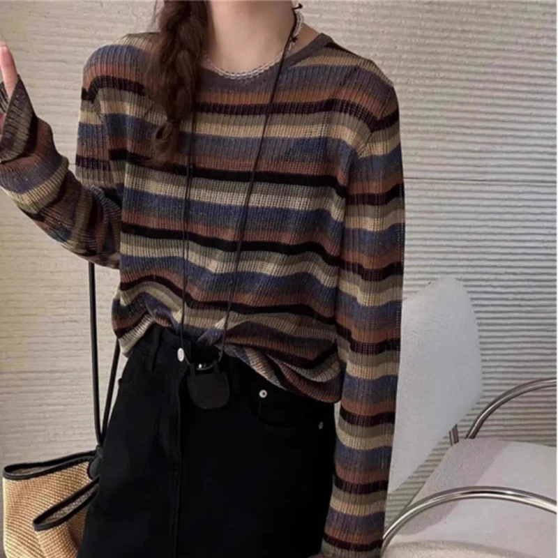 Front Shoulder Retro Striped Knitted T-shirt Long Sleeved New Versatile Loose Explosive Korean Version American Round Neck Top