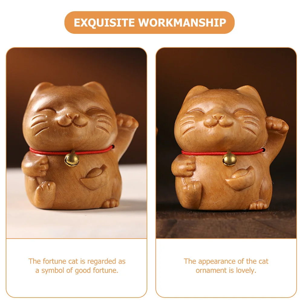 

Sandalwood Carved Fortune Cat Decoration for Home Office Desktop Small Lucky Cat Statue Feng Shui Wealth Ornament