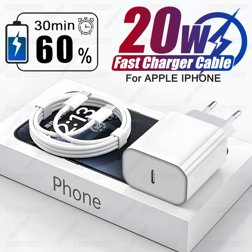 US EU Adapter 20W PD Fast Charger For iPhone 13 12 11 14 15 16 Pro Max Plus Fast Charging USB C Charger Type C Cable Accessories