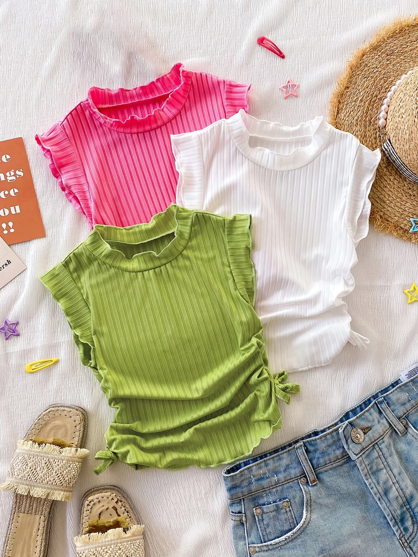 Girls Ribbed Ruffle Edge Short Sleeve T Shirt 3 Pack, Fixed Side Bow Design Stylish Fit for Daily Casual Back to School Wear