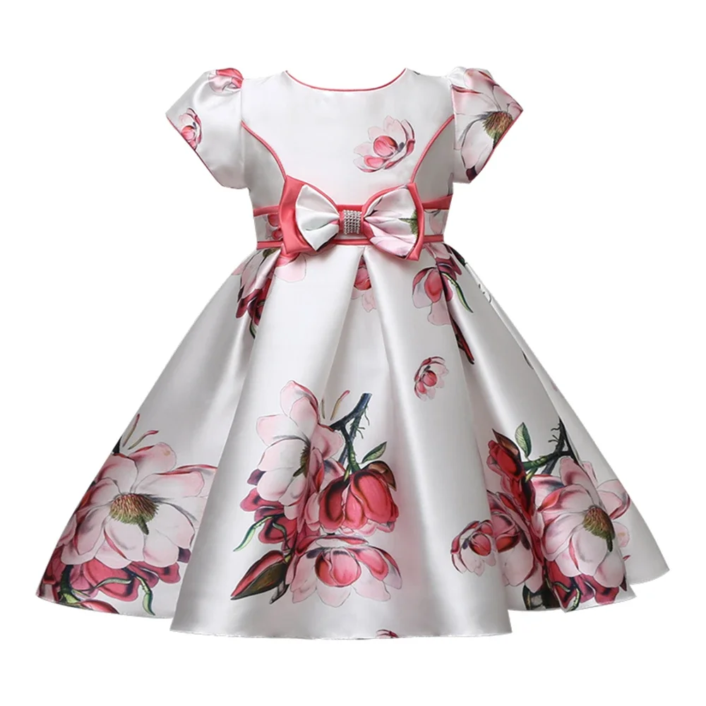 Vestidos de cetim estampa floral infantil, roupas fofas para meninas, arco de flores, roupas de festa, casual, princesa, fofo, 3-10t