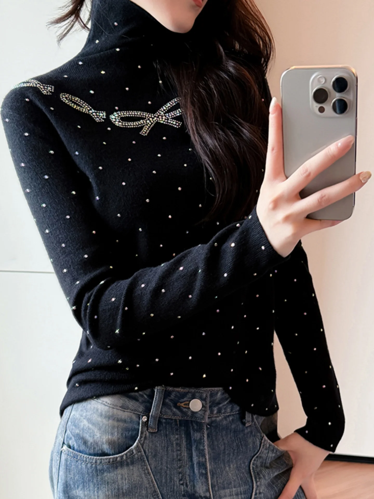 

Вязаный свитер с высоким воротником, женский длинный све, осень-зима, топ Faion Sense со стразами, Sli Base Layer, свитер Crew Ne