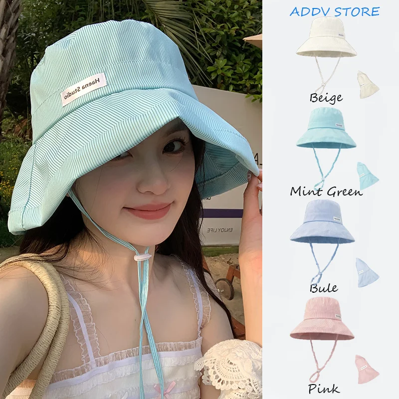 

Summer Thin Style Women's Outdoor Candy Colour Lanyard Bucket Hat Japanese Large Brim Striped Solid Colours Beach Sun Hat