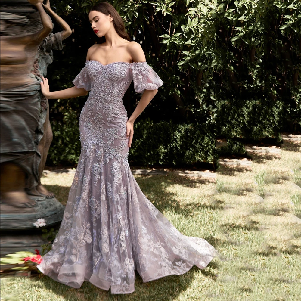 Elegant Mermaid Avondjurken Sweetheart Off De Schouder Party Dress Kant Applicaties Tulle Sweep Trein Vestido De Noche