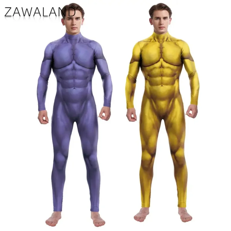 Kostium Cosplay Purim Muscle 3D Print Męskie kombinezony z długim rękawem Halloween Karnawał Występ Zentai Catsuit Strój body