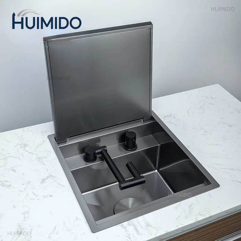 Kitchen Sink with Nano Black Drop-In Cover and Slow-Close Technology in 304 Stainless Steel for Bar Island