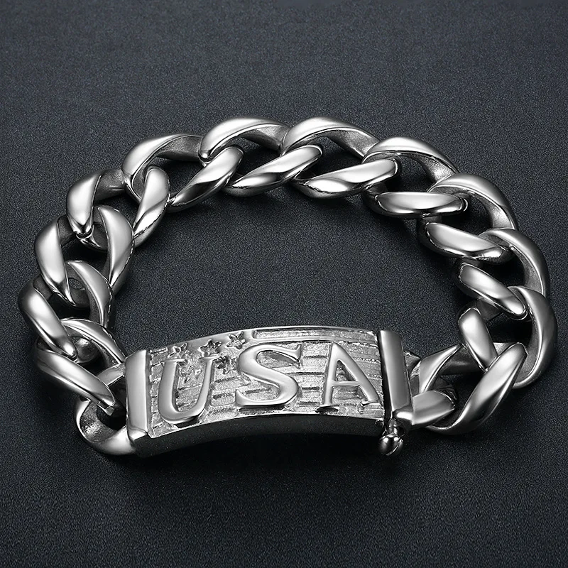 

Megin D Stainless Steel Titanium USA Motor Vintage Punk Bangle Hip Hop Wrist Chain Bracelet for Men Women Couple Gift Jewelry