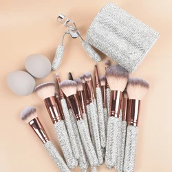 Bling Makeup Brushes with Rhinestone Face Concealer Eyeliner Blusher Puffs Eyelash Curler Storage Bucket Headbands 23 Sets
