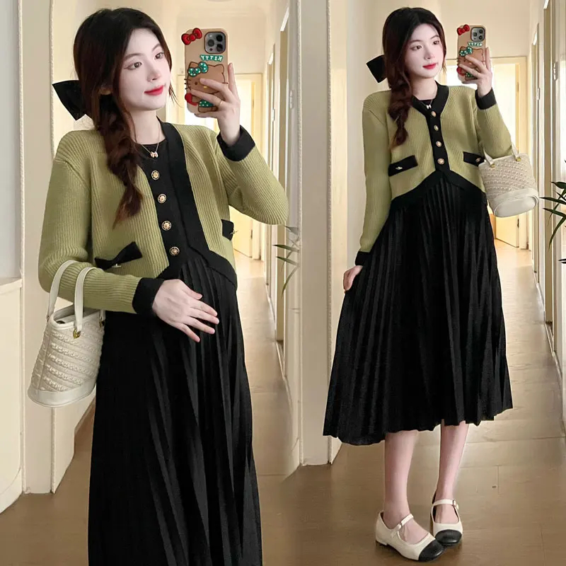 Winter Korean Style Pregnancy Knitted Cardigan+Slimming Pleated Nursing Dress Two Pieces Set Maternity Breastfeeding Clothes Set