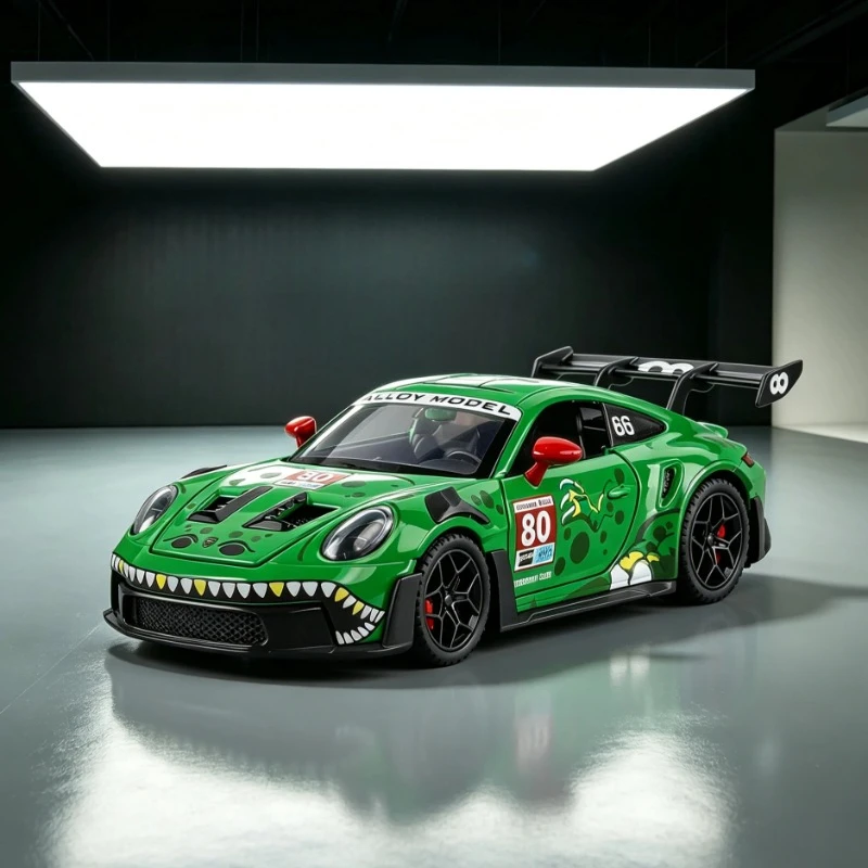 1:32 GT3 Diecast Alloy Racing Car Dinosaur Printed Paint Decal Pull Back Sound Light Vehicle Surprise Gift For Boys Car Fans