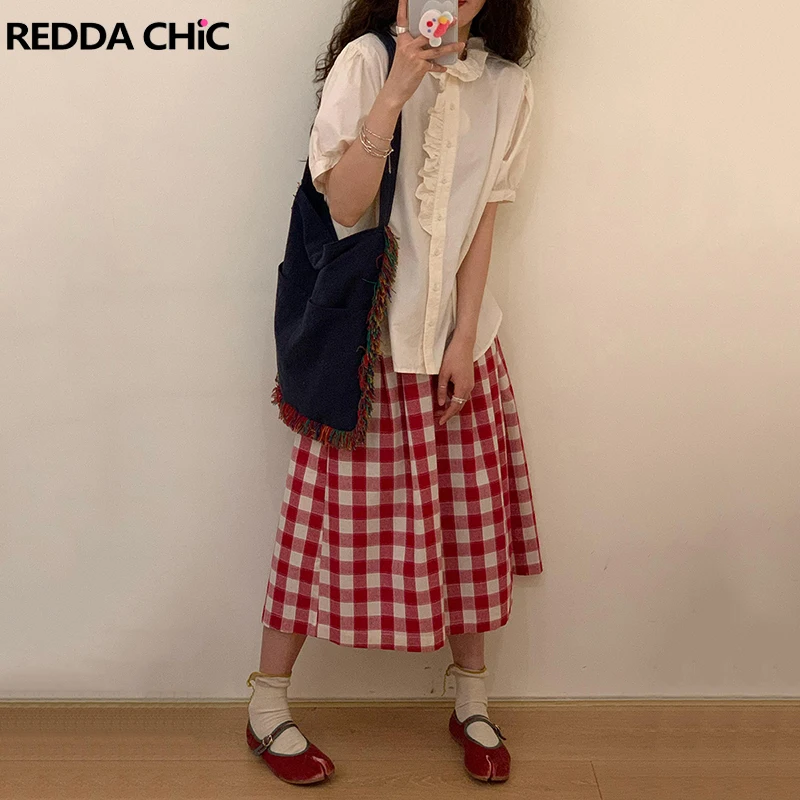 REDDACHiC 90s Retro Red Gingham Pants Women Loose Checkered Slacks Pockets Elastic Waist Wide Leg Baggy Jorts Casual Clothes