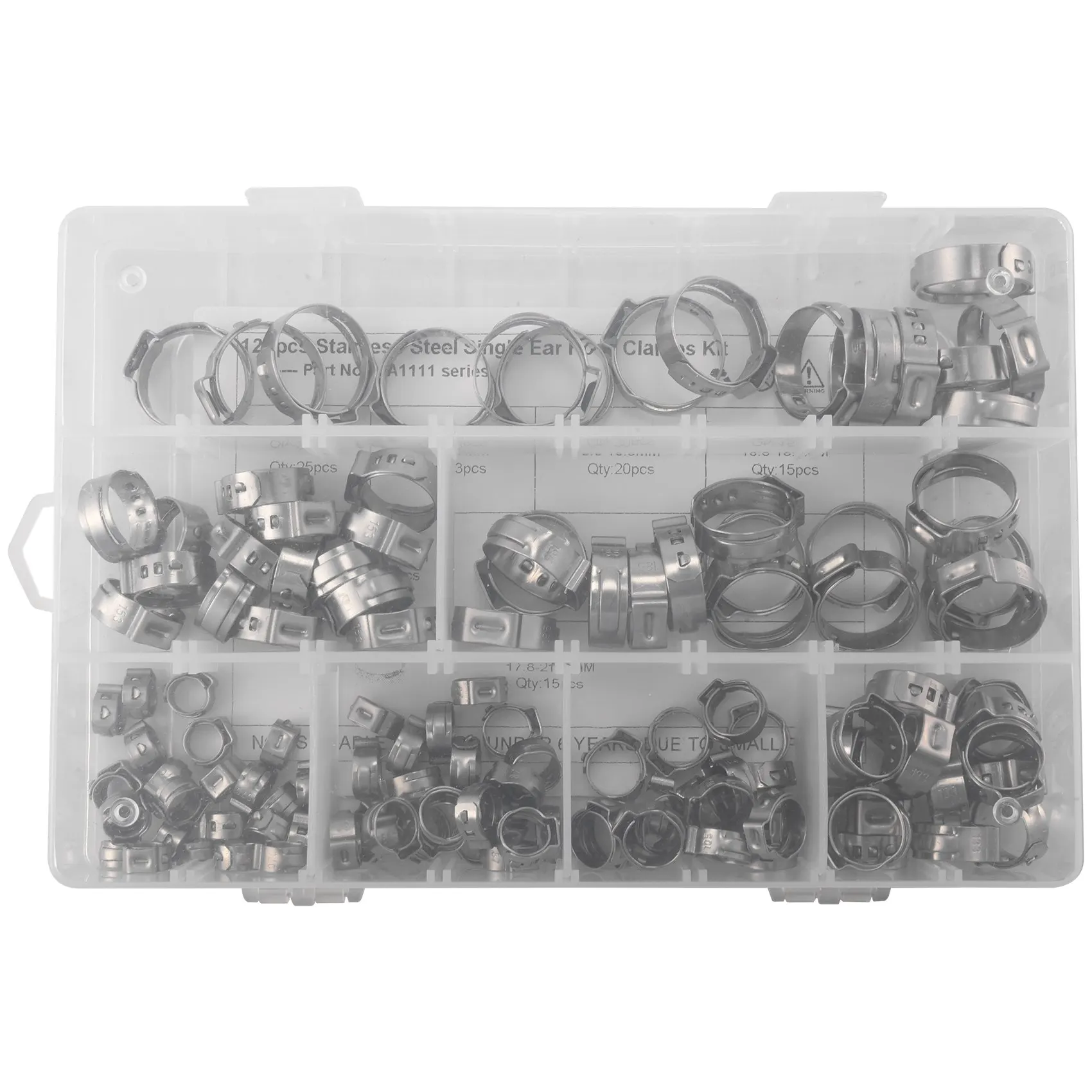 304 Stainless Steel Single Ear Non-Steel Hose Clamp Classification Kit, 128 Pieces