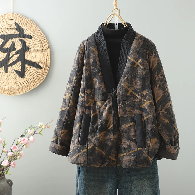 

Elegant Floral Print Cotton Jacket Loose V-Neck Button Detail Chinese Style Thickened Long Sleeve Winter Coat for Women
