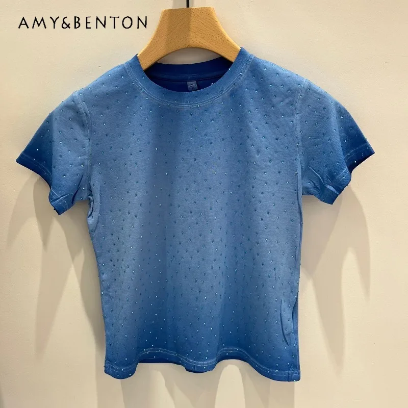 

American Gradient Ins Heavy Industry Rhinestone Design Short-sleeves T-shirt 2026 Summer Women's Short Top Sweet Tshirt Pullover