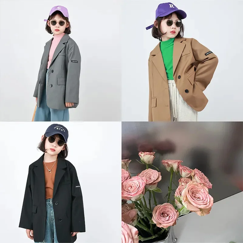 4-15 Year Blazer Girls Coat Letter Button Pocket Long for 2023 New Korean Style Jackets Suits Clothes