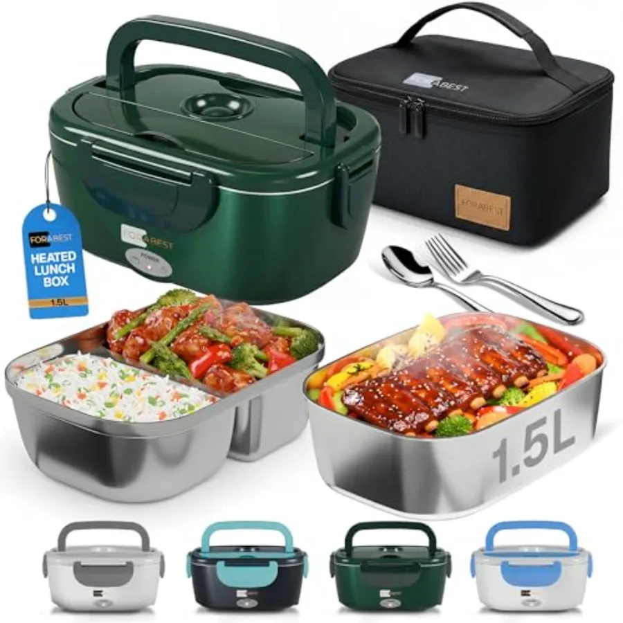 

Heated Lunch Box - 80W Electric Lunch Box - Portable Food Warmer with 2 Stainless Steel Containers 1.5L Carry Bag and Leakproof