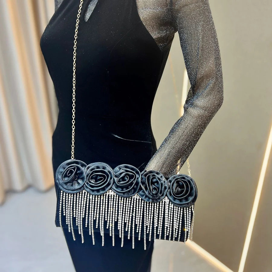 Ivory Satin Rose Floral Rhinestone Tassel Evening Clutch Bag, Formal Dinner Purse For Lady Wedding Prom Dress Banquet Handbags