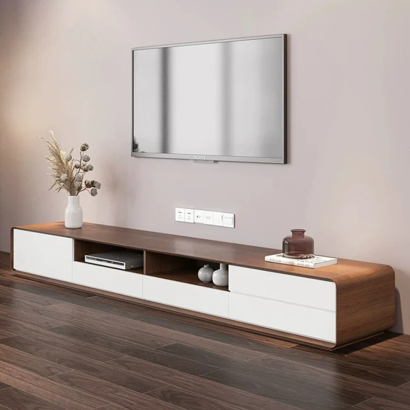 Two Tone Walnut White TV Cabinet With Rounded Corners, Open Compartment & Drawer Storage Low Media Console