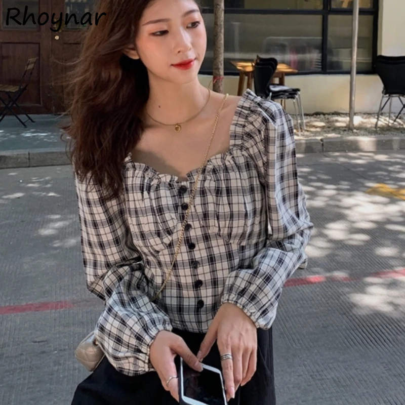 

Blouse Women Plaid Lovely Long Sleeve Fashion Autumn Korean Style Crop Top Girl Square Collar Street Party Slim Preppy Youth Hot