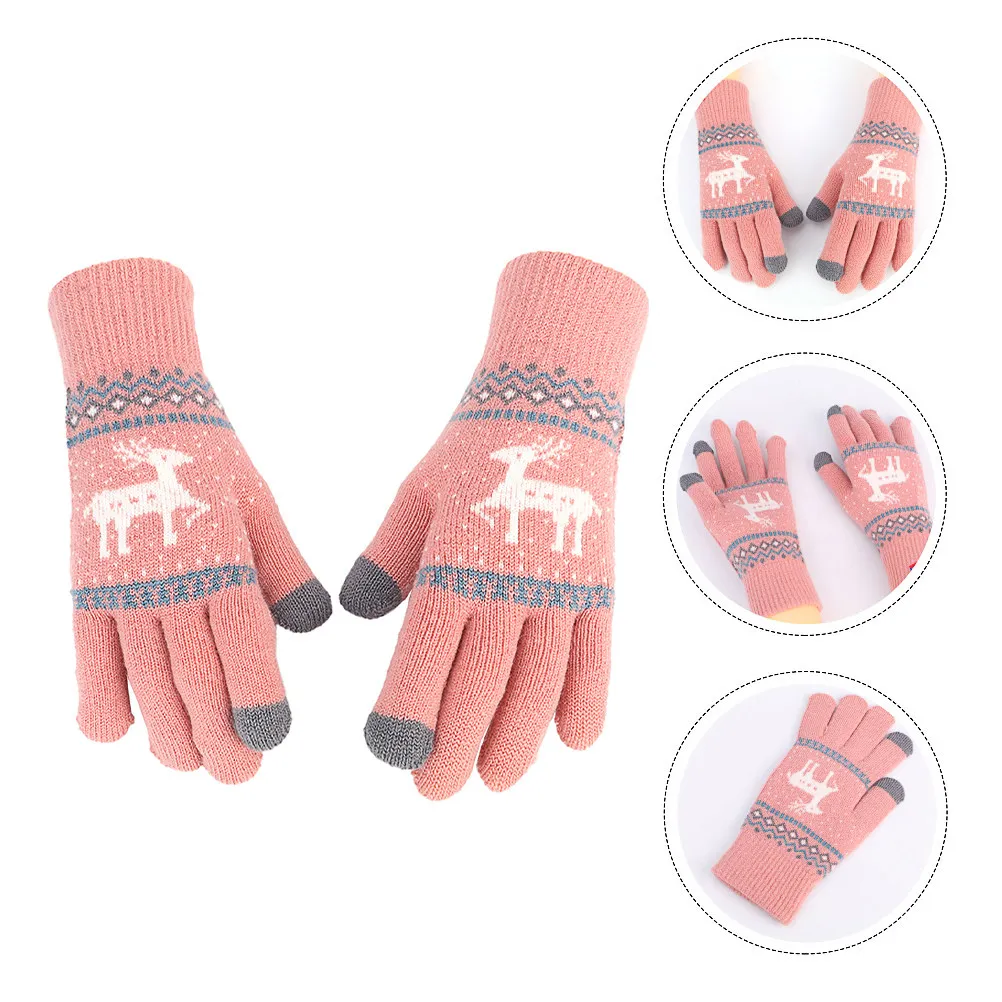 1 Pair Touch Screen Gloves Thick Knitted Christmas Design Winter Warm Full Finger Gloves For Women Jacquard Pattern Cycling Hand