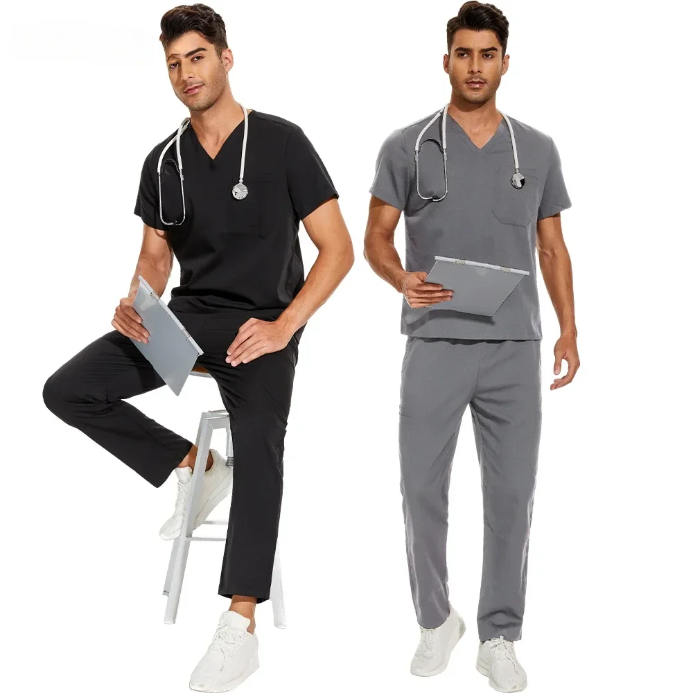 Uniforme médico com decote em v masculino, Conjunto de laboratório clínico, Macacão médico hospitalar, Esfrega Farmácia Enfermeira Roupas, Esfrega Médica Masculina, Moda por atacado