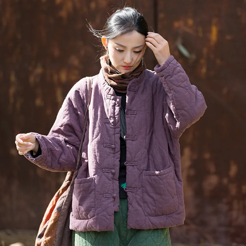Giacca corta in cotone vestibilità ampia da donna Autunno Inverno Stile cinese Artistico retrò Cappotto in cotone caldo Materiale misto lino