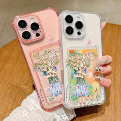Card Slot Pocket TPU Clear Case For iPhone 16 Pro Max 15 14 13 12 Pro Max 11 Colorful Flowers Pattern Soft Silicone Phone Cover