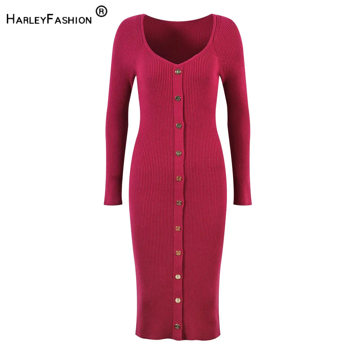 

Elegant Style V-Neckline Long Sleeve Lady Winter Autumn Cloth Stitching Slim Fitted Women Single-breasted Midi Dress