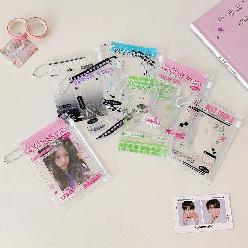 Cute Clear Zipper Bag 3 Inch Card Sleeve Student ID Holder Badge Reel Storage Pouch