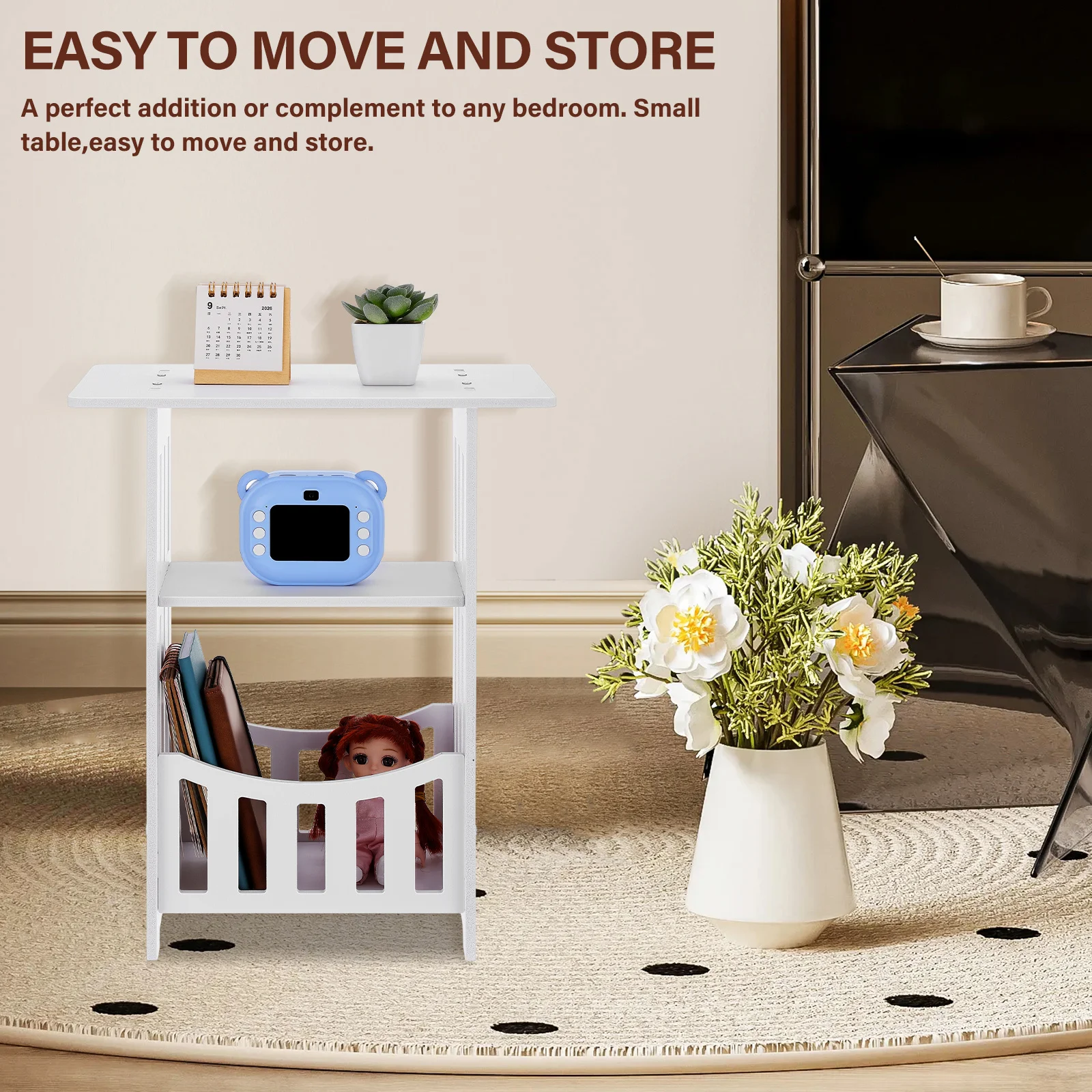 Stolik nocny do sypialni, stolik pomocniczy, kompozyt drewno-PVC, mały stolik do sofy, salonu, meble do domu, dekoracja domu, małe meble do domu