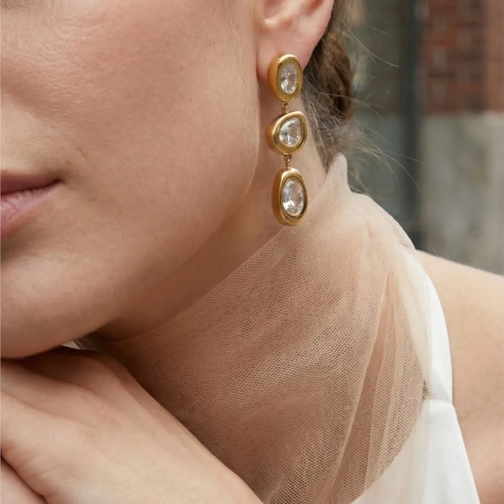 Triple CZ Cubic Zirconia Drop Earrings 18k Gold Plated With Zircon Dangle Earrings Dainty Stainless Steel Post Earring for Women