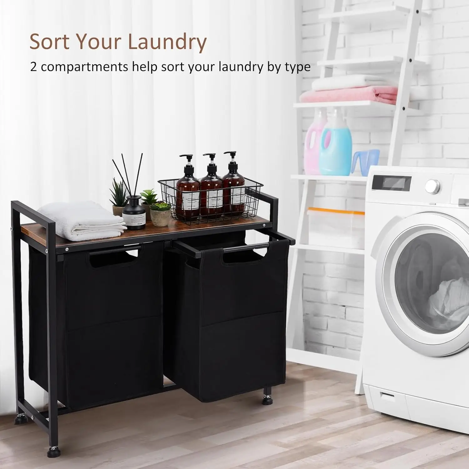 new 2-Bag Laundry Hamper with Pull-Out Bags Wooden Shelf Oxford Fabric Laundry Sorter with Metal Frame Removable Basket for Bath