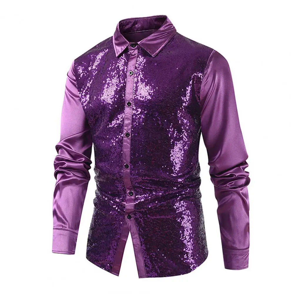 Men Shirt Men Long Sleeve Shirt Shiny Sequin Men's Performance Shirt Turn Heads at Club Parties Stage Shows with Single-breasted