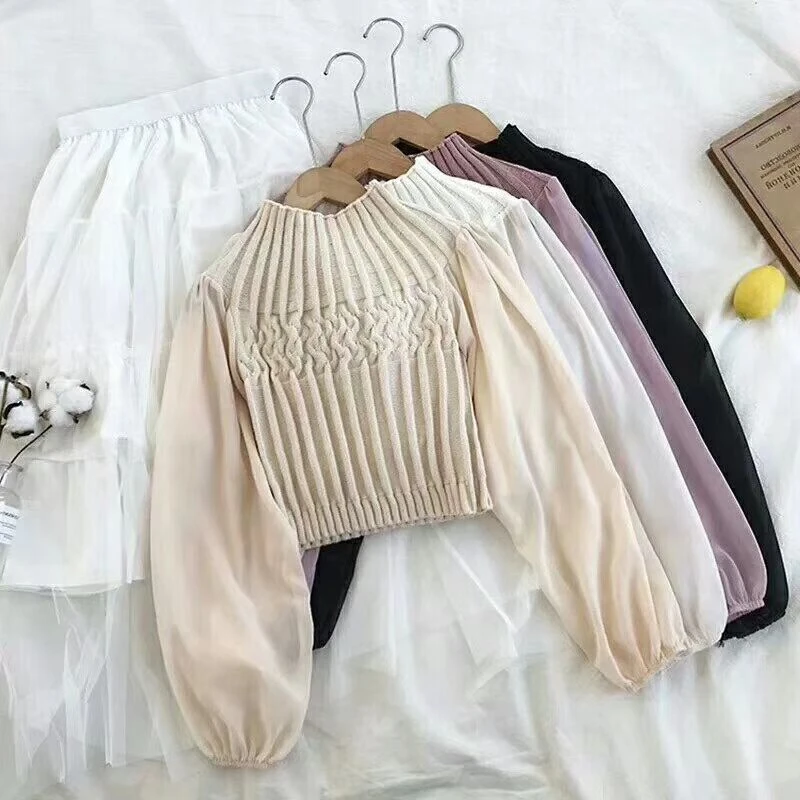 2020 Spring Women Solid Sweater Turtleneck Cropped Pullover Crop Top Patchwork Chiffon Sleeve Sweater For Female