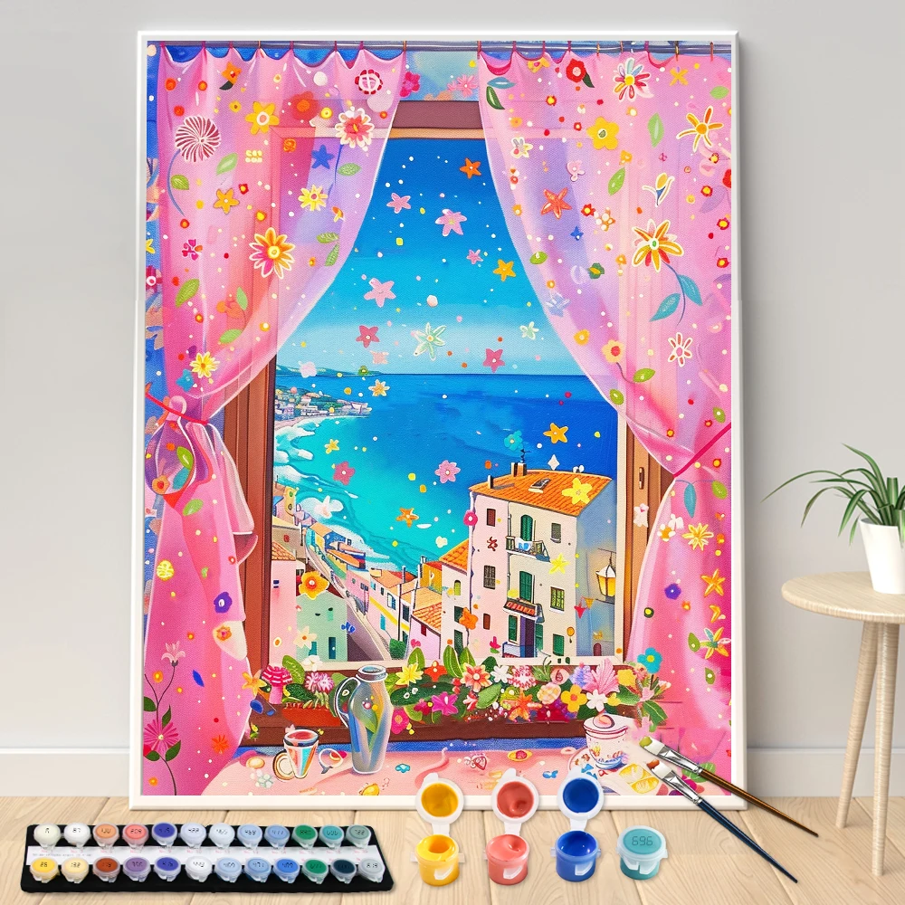 Hand Painting Flower Pink Window Sill Landscape Painting By Numbers Kit DIY Artwork Canva Art GiftHome Decoration Gift