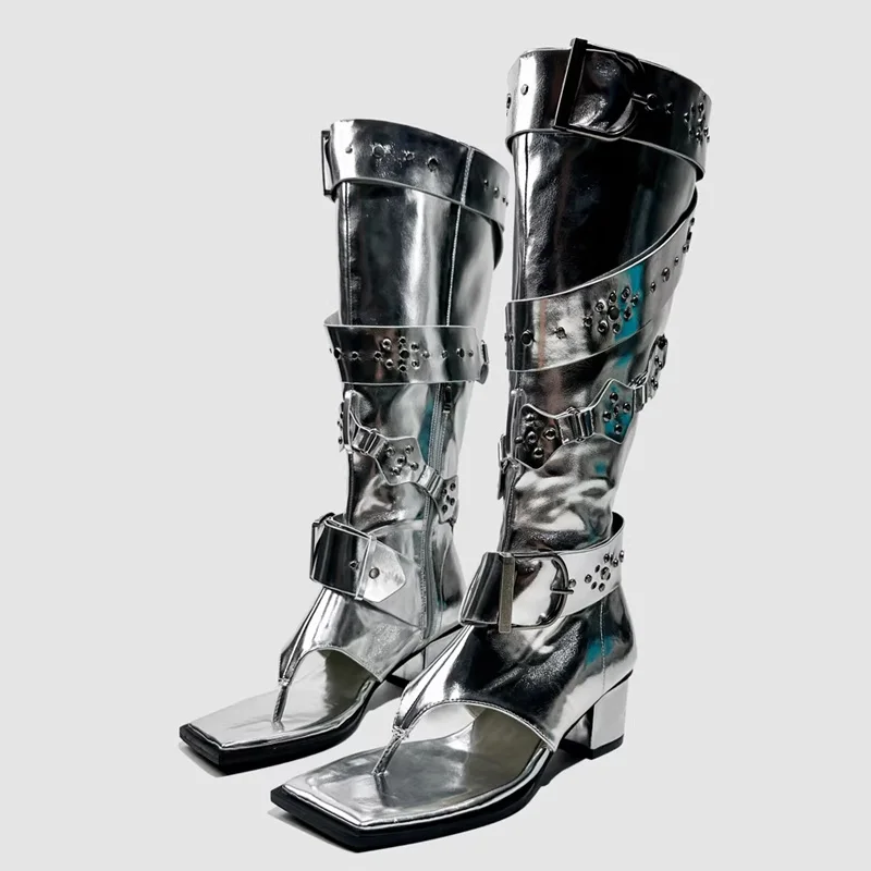 

Punk Belt Buckle High Heels Sandals Boots Women Summer Clip Toed Bling Silver Motorcycle High Boots Mid-Calf Western Boots