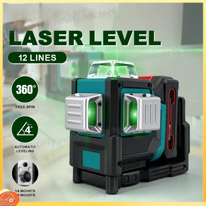 12-Line 3D Self-Leveling Laser Level with 360° Horizontal Vertical Cross Green Beam Compatible with Makita 18V