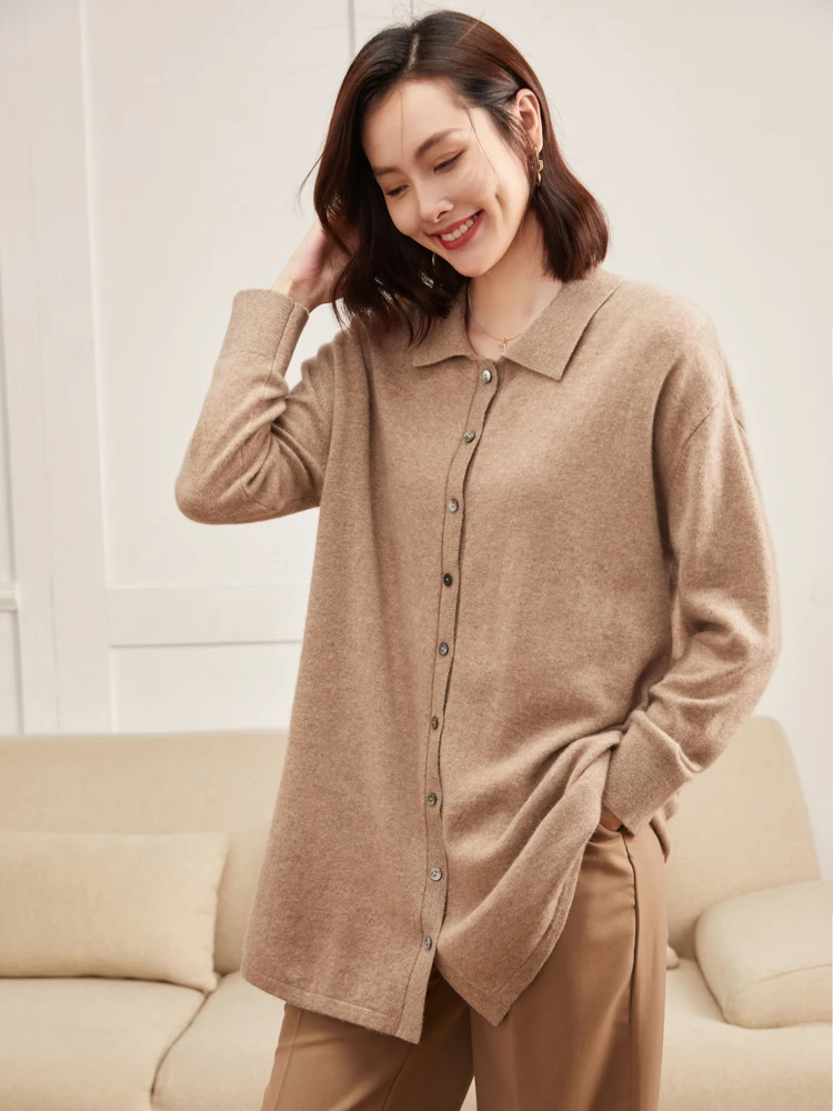 

New Women Sweater Shirt Autumn Winter 100% Cashmere Cardigan POLO Collar Long Sleeve Knitwear Korean Fashion Wide Version Shirt