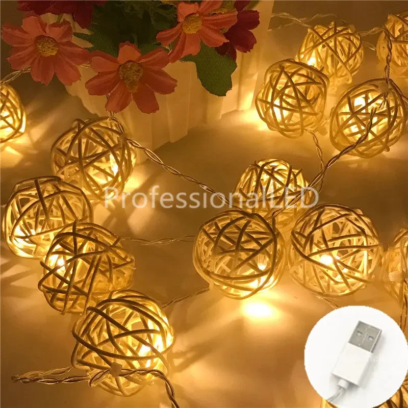 2M Rattan Ball USB 5V 20LED String Light Warm White Fairy Light Holiday Light For Party Christmas Wedding Home Decoration