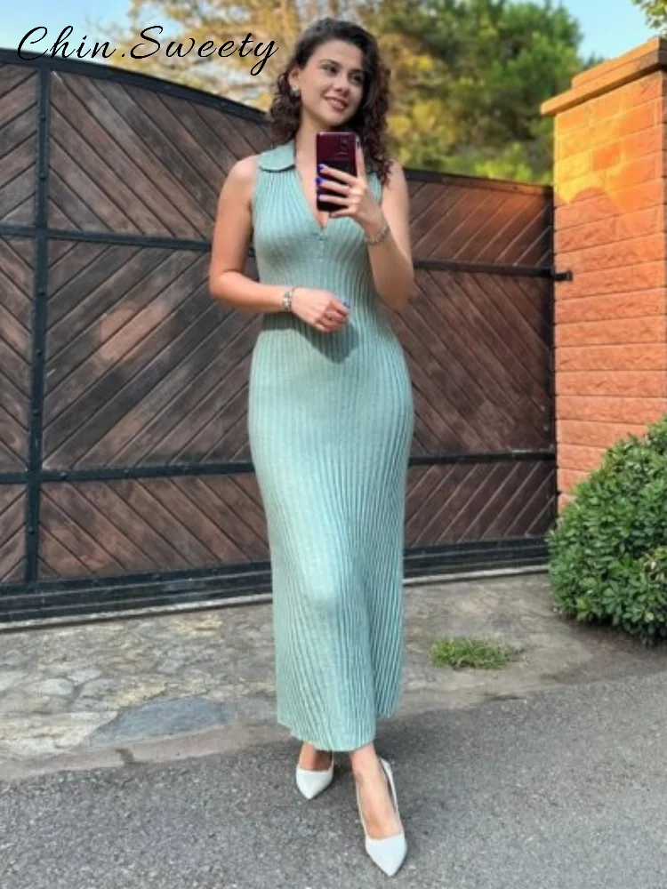أنيقة محبوك ألف خط فستان طويل المرأة الصلبة التلبيب أكمام الورك حزمة فساتين ضئيلة 2025 الصيف سيدة شيك شارع العليا الجلباب #1
