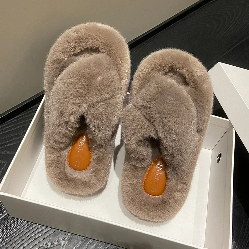 Winter Women Home Indoor Casual Fuzzy Slippers Flip Flops Fluffy Fur Cross Thick Sole Slides Outdoor Ladies Soft Plush Slippers