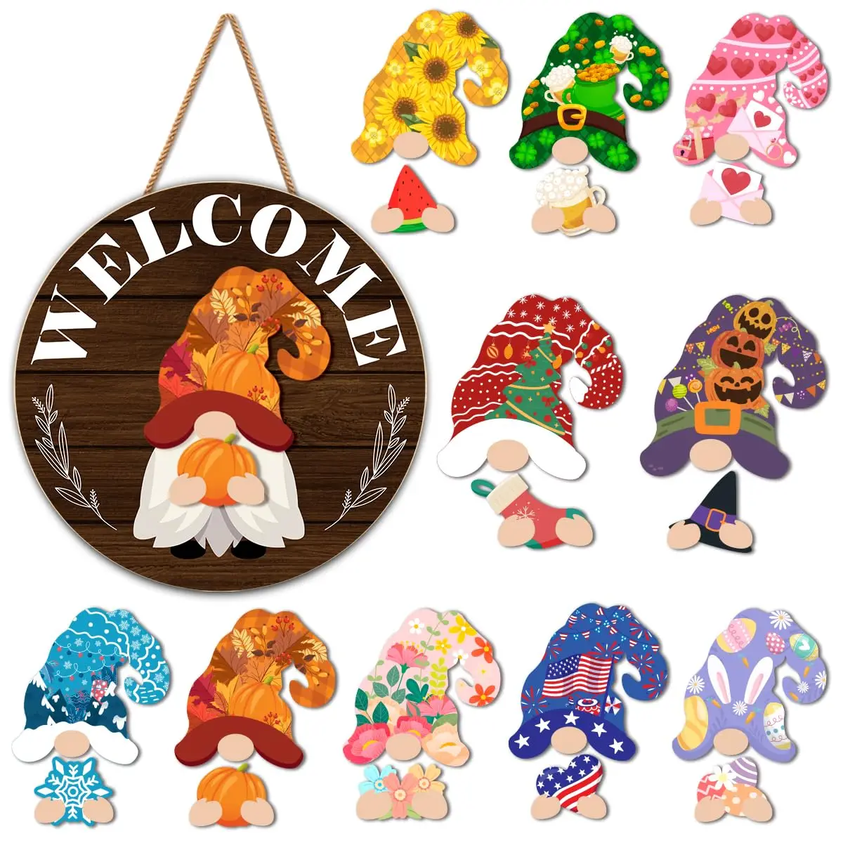Interchangeable Gnome Welcome Sign Fall Halloween Door Decoration Changeable Seasonal Front Porch Decor Wood Wreath Gnome Gifts for Spring Summer Winter All Seasons Holiday, Light Brown