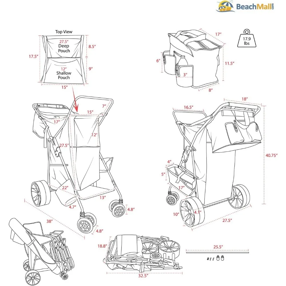 عربة شاطئ بعجلات كبيرة للرمل، عربة ذات عجلات واسعة مع مبرد معزول، لوح الجسم، وحامل المظلة