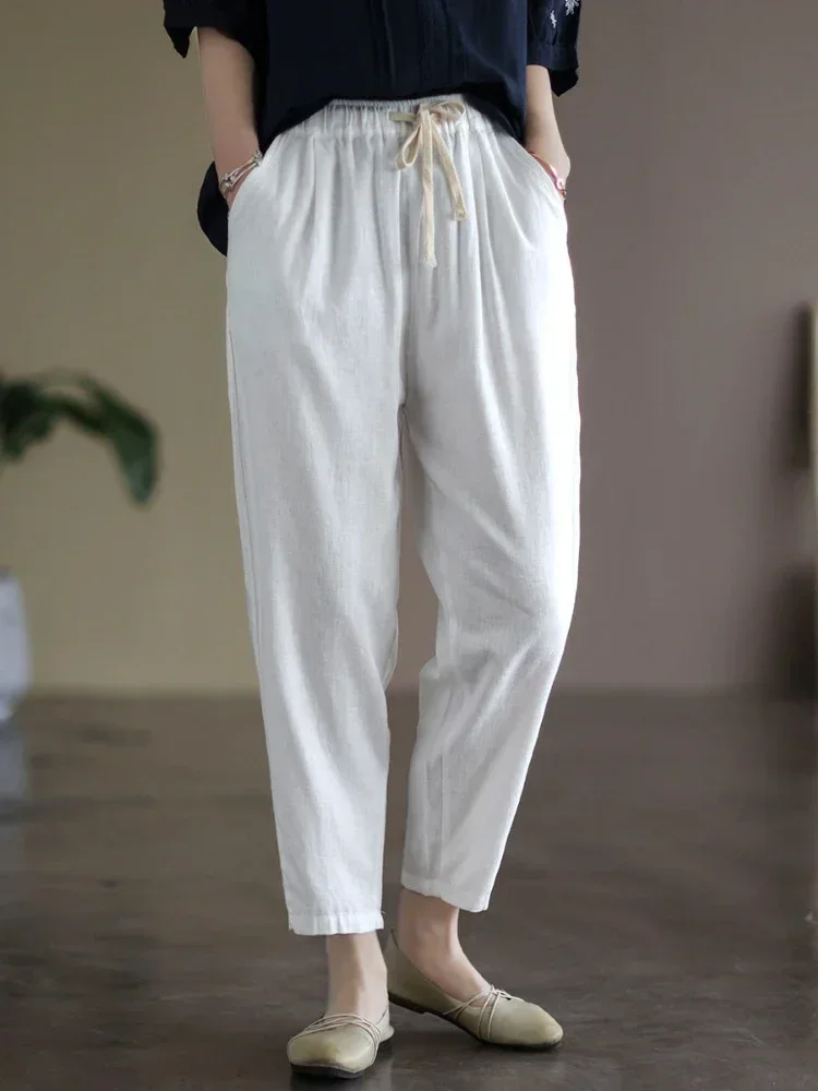 

Cotton Linen Casual Pants for Women in 2024 New Loose Slim Thin Lace-up Ankle-Length Pants Retro Elastic Waist Harem Pants Women