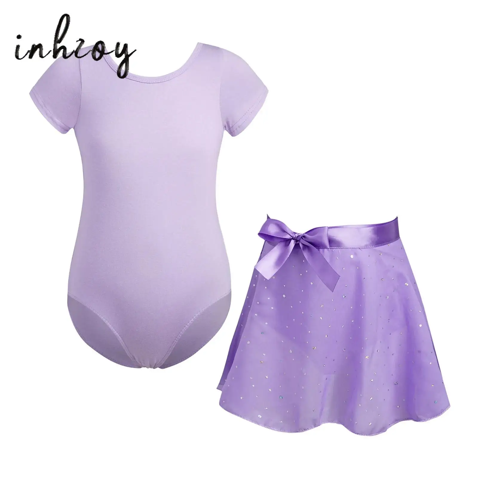 

2Pcs Kids Girls Ballet Dance Outfit Short Sleeve Cross Back Leotard+Self-Tie Wrap Skirt Gymnastic Practice Performance Bodysuit