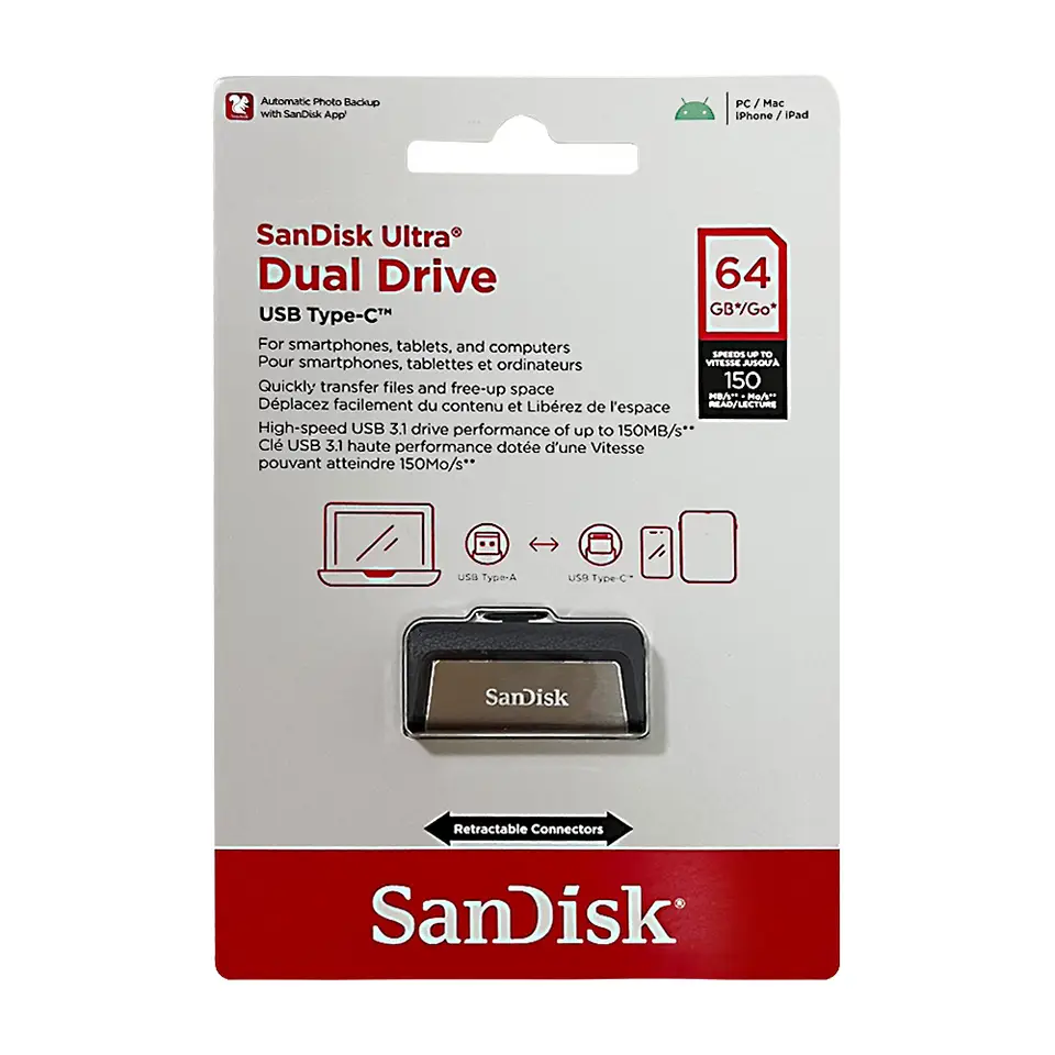 محرك أقراص مزدوج سانديسك ألترا USB Type-C 64 جيجابايت 128 جيجابايت 256 جيجابايت OTG USB3.1 أداء حتى 150 ميجابايت/ثانية مزدوج USB Type-C و USB Type-A - 5