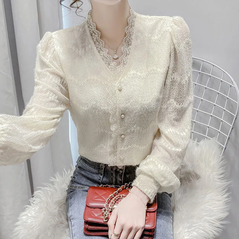 Bright Colors Spring Summer V-Neck Lace Single Breasted Puff Sleeve Women Shirt Hollow Out Thin Fashionable Multiple Colors Slim