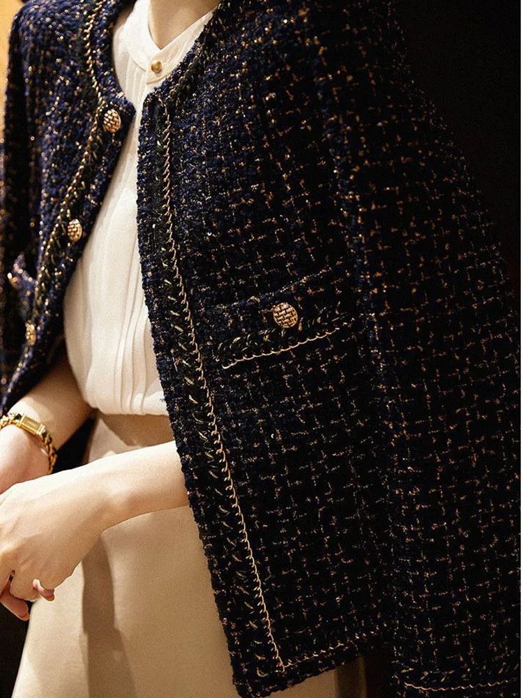 سترات نسائية قصيرة فضفاضة برقبة دائرية من التويد معاطف كورية غير رسمية واحدة الصدر مقصوصة بلوزات أنيقة سوداء طويلة الأكمام Abrigos Blusas