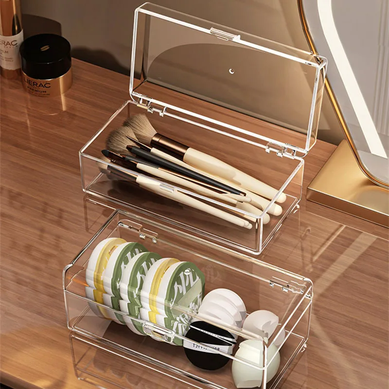 積み重ね可能なアクリル製メイクブラシ収納ボックス（蓋付き）、透明メイクスポンジオーガナイザー、防塵コスメティックツールパフ収納ケース